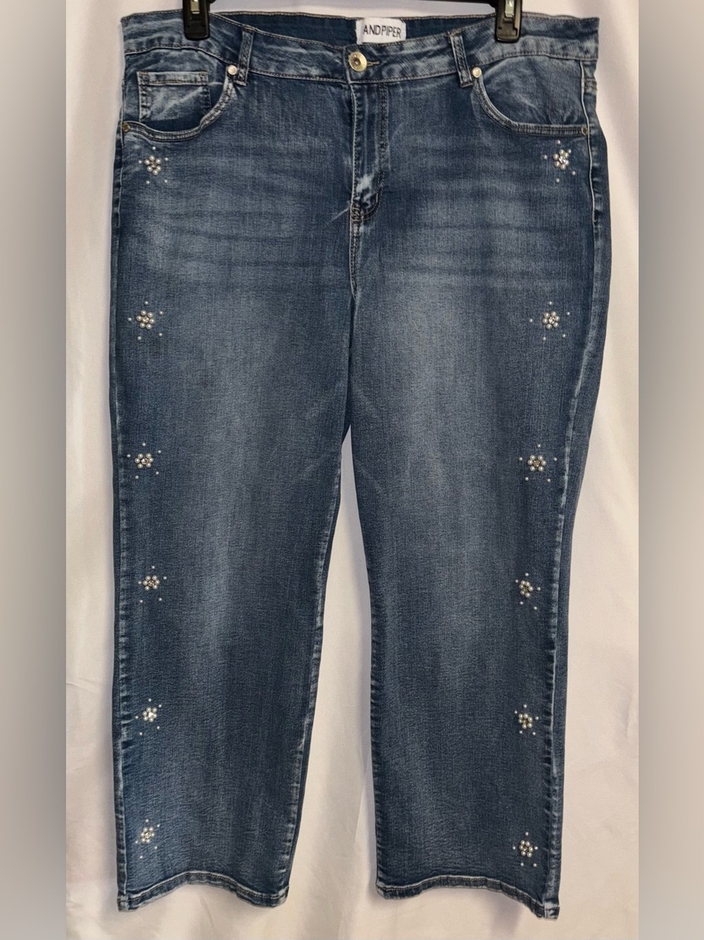 Sandpiper Medium Wash Pearl Flower Studded Jeans 22W
